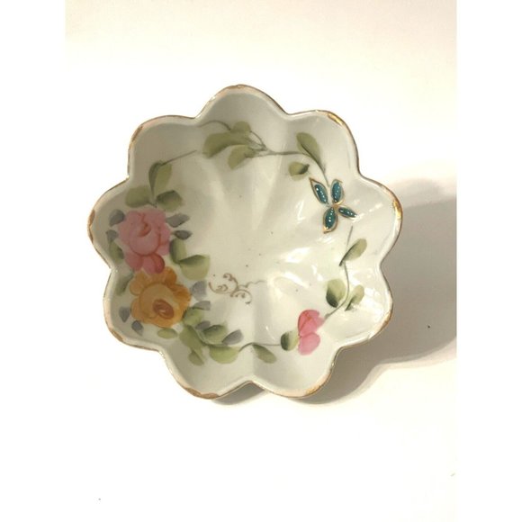 Hand Painted Finger Bowl With Floral Detail, Footed, Scalloped, Vintage Japan - Picture 2 of 10